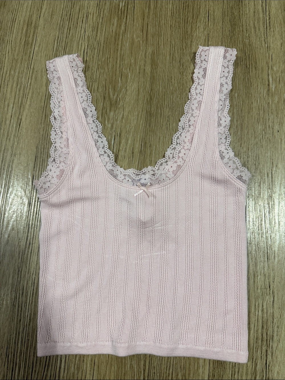 Lace-Trim Ribbed Tank Top - Light Pink L